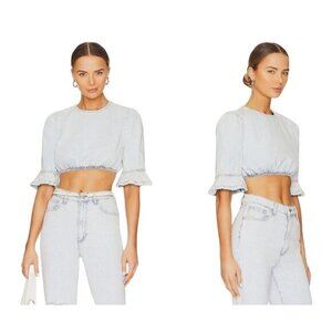 WeWoreWhat Cropped Denim Top Flare Cuffs & Elastic Waist Super Light Indigo L